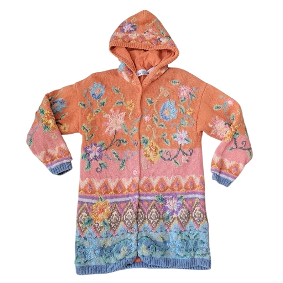 Vintage Jackets & Blazers - Vintage Together! Yarn Knit Sweater Coat Shabby Chic Hooded 90s Ramie Cotton MD